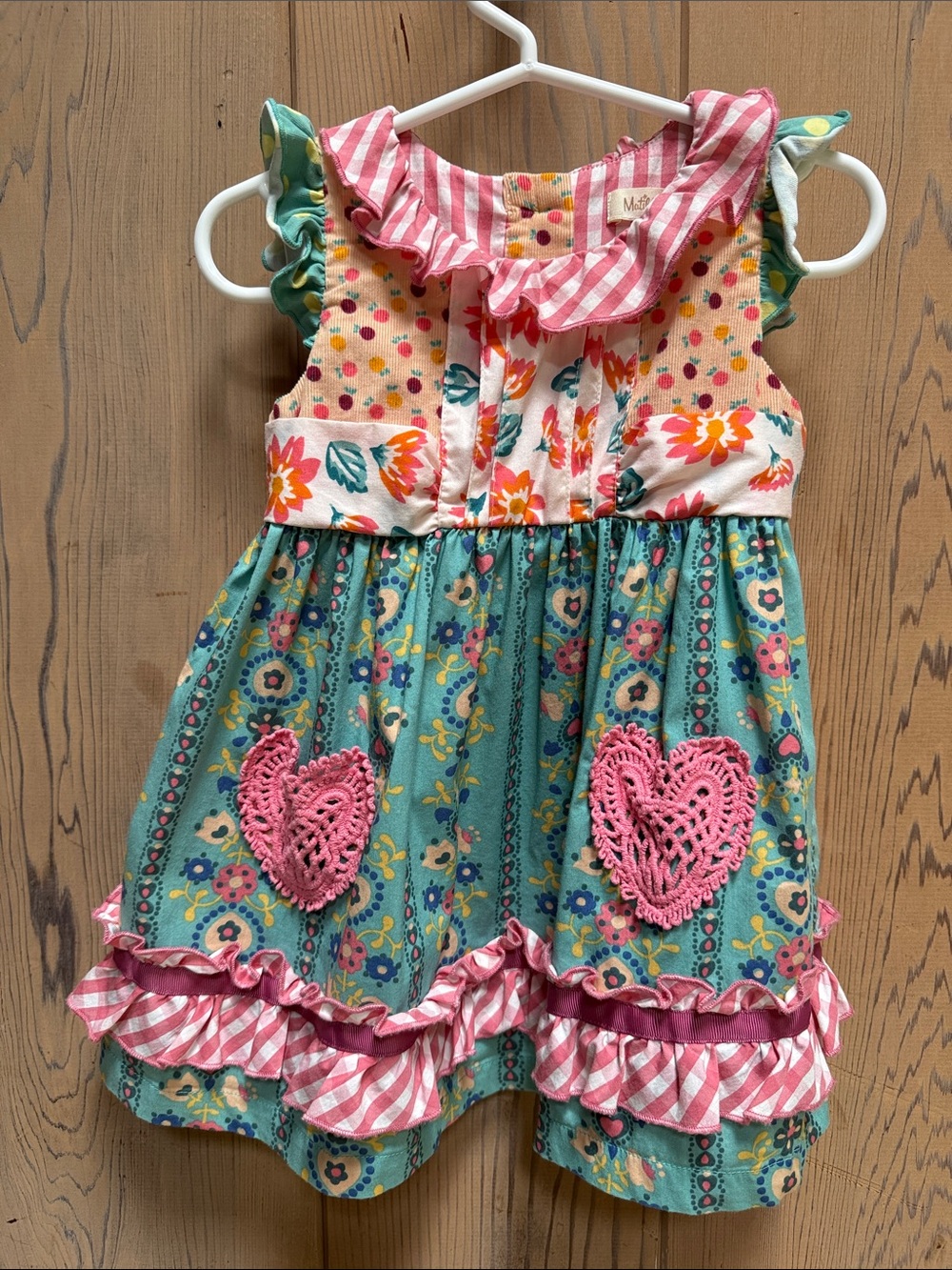 Matilda Jane Girls Floral Patchwork Dress with Pink Crochet Hearts